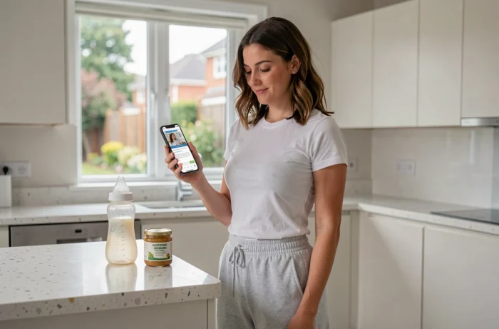 Maman comparant des blogs de puériculture sur son téléphone dans une cuisine moderne avec accessoires bébé