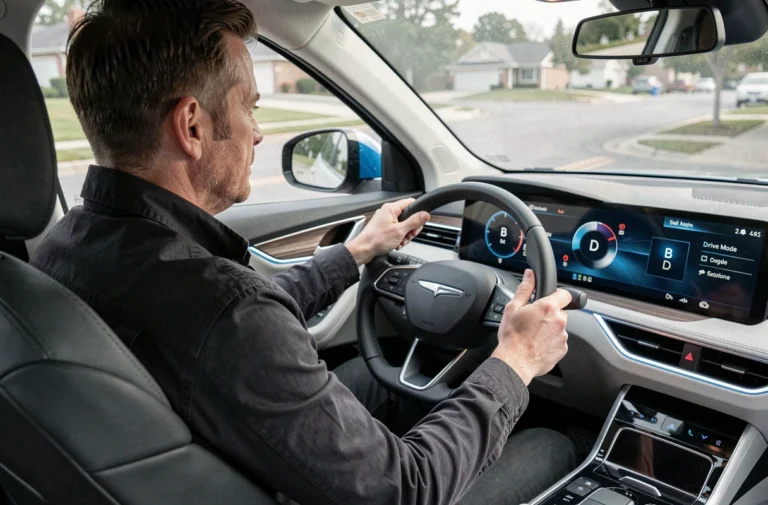Conducteur au volant d'un SUV électrique sélectionnant le mode de conduite B ou D sur le tableau de bord numérique