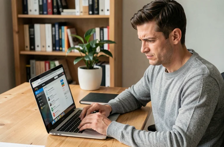 Homme concentré dans un bureau à domicile configurant ses paramètres d'email pour éviter les filtres antispam SFR