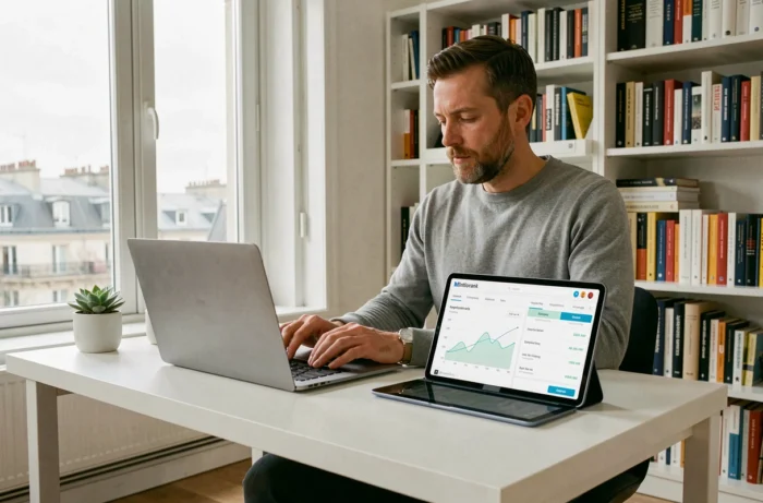 Un consultant SEO freelance suit l'évolution de ses positions Google depuis son bureau parisien avec un outil de tracking de mots-clés