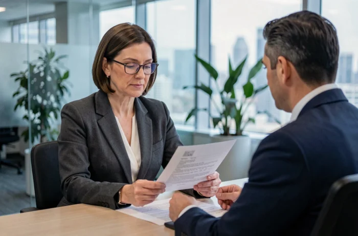 Femme consultant un agent immobilier pour finaliser un contrat d'achat immobilier en agence