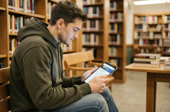 Jeune adulte utilisant une tablette pour consulter le sitemap d'un site d'actualités locales dans une bibliothèque publique