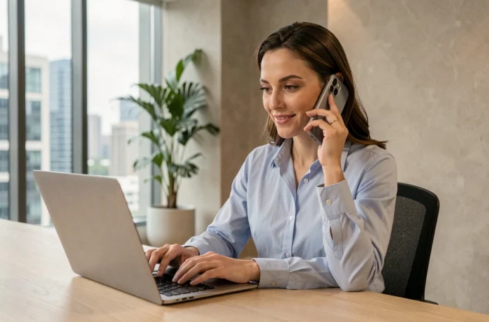 Femme professionnelle contactant une agence web par téléphone et ordinateur portable dans un bureau moderne