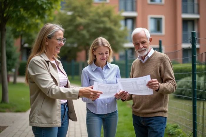 Copropriétaires réunis devant un grillage de clôture pour discuter des règles d'installation en résidence collective