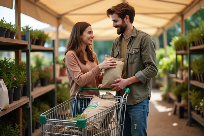 Couple chargeant des achats jardin économiques dans un marché aux plantes à prix réduits
