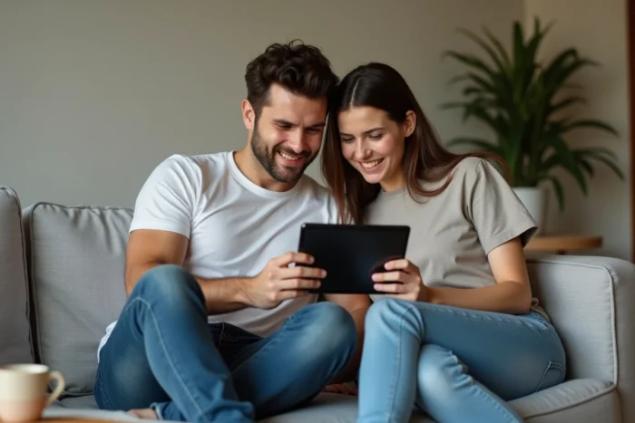 Couple de jeunes adultes consultant des avis sur la plateforme immobilière 123 Loger via une tablette