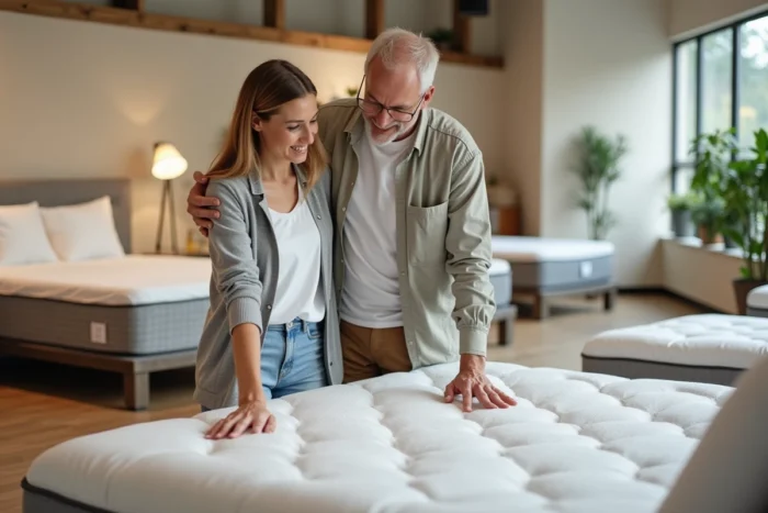 Couple choisissant entre un matelas Bultex et un matelas latex dans un magasin de literie