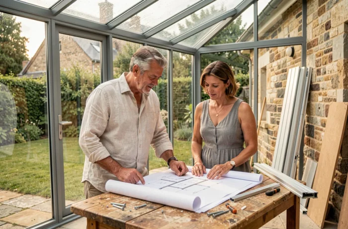 Couple examinant les plans d'une véranda en cours de construction contre une maison en pierre, illustration du projet de construction de véranda