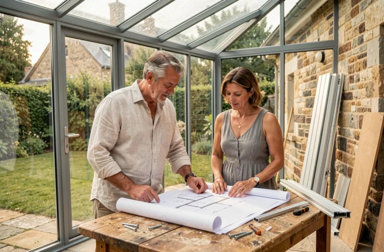 Couple examinant les plans d'une véranda en cours de construction contre une maison en pierre, illustration du projet de construction de véranda