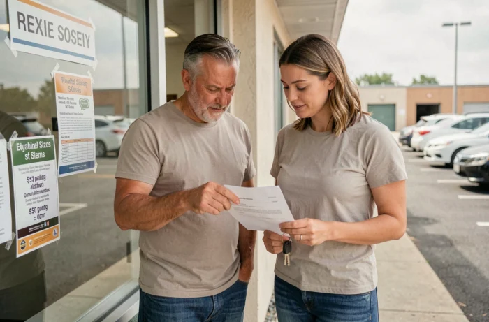 Couple consultant un contrat de location de box de stockage devant un bureau à Vichy