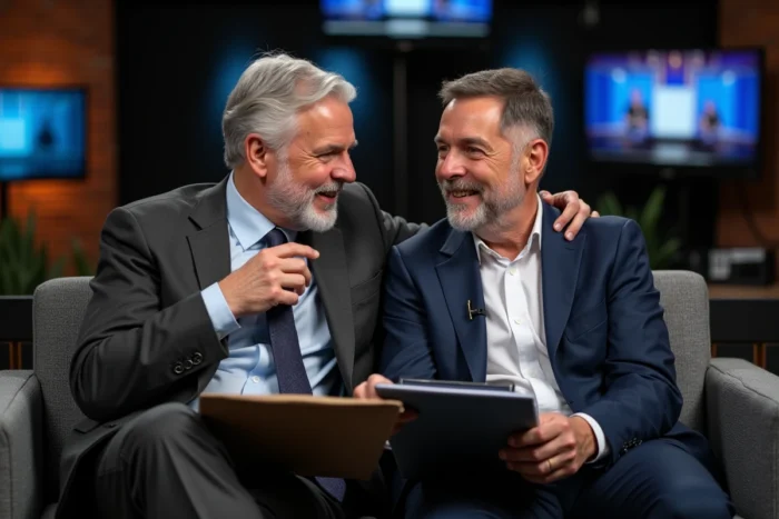 Deux hommes complices en coulisses d'un plateau de télévision, illustrant la vie publique et amoureuse d'un couple médiatique