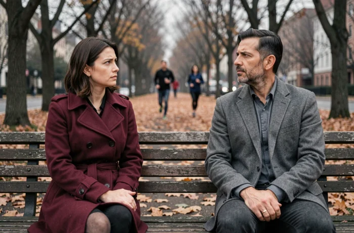 Homme et femme assis sur un banc de parc sans se toucher, alliance visible à la main de l'homme, illustrant la tension silencieuse d'une relation impossible