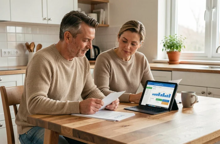 Couple à la maison consultant des documents de crédit et comparant des offres de financement sur une tablette