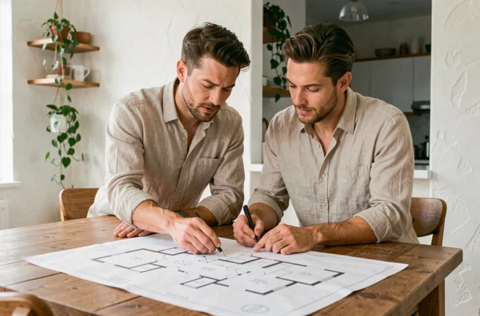 Couple examinant des plans architecturaux pour leur projet immobilier autour d'une table en bois