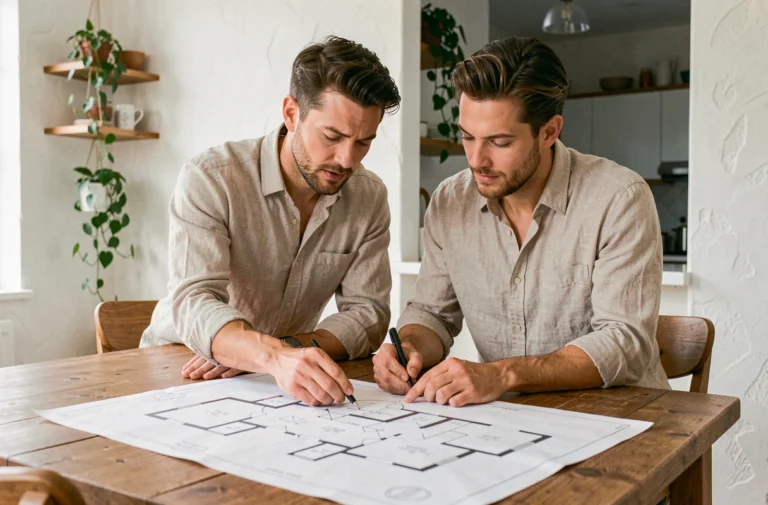 Couple examinant des plans architecturaux pour leur projet immobilier autour d'une table en bois