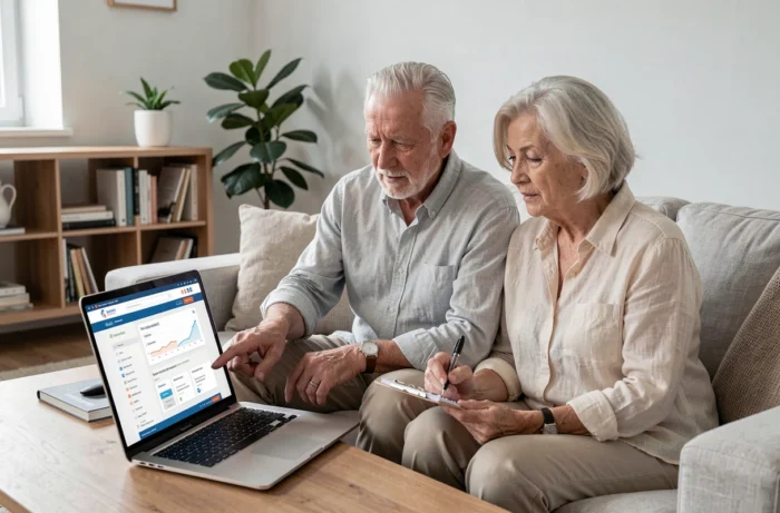 Un couple de seniors choisit ensemble leur mutuelle santé sur un ordinateur portable dans leur salon