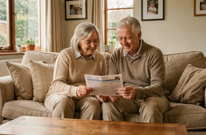 Couple de seniors étudiant les garanties santé de leur mutuelle Interiale à leur domicile