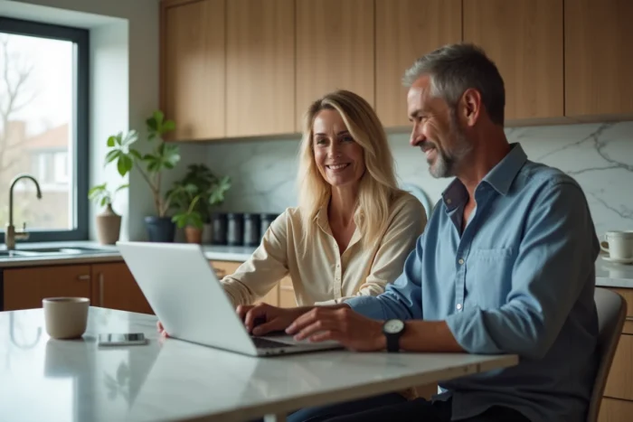 Couple consultant un crédit en ligne sur ordinateur portable dans une cuisine moderne