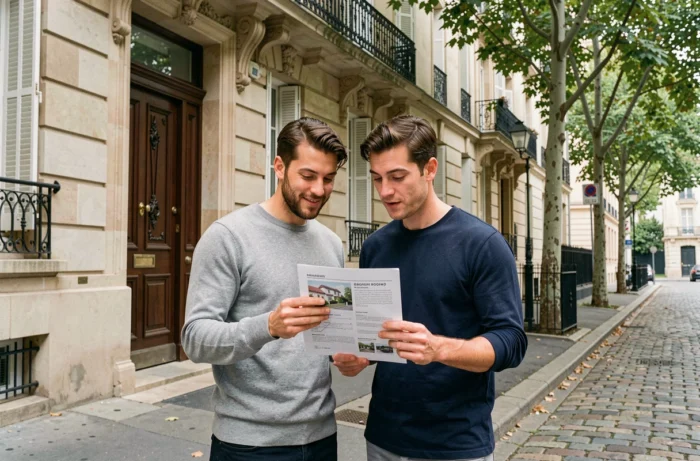 Couple examinant une fiche de location devant un immeuble résidentiel dans une rue urbaine française