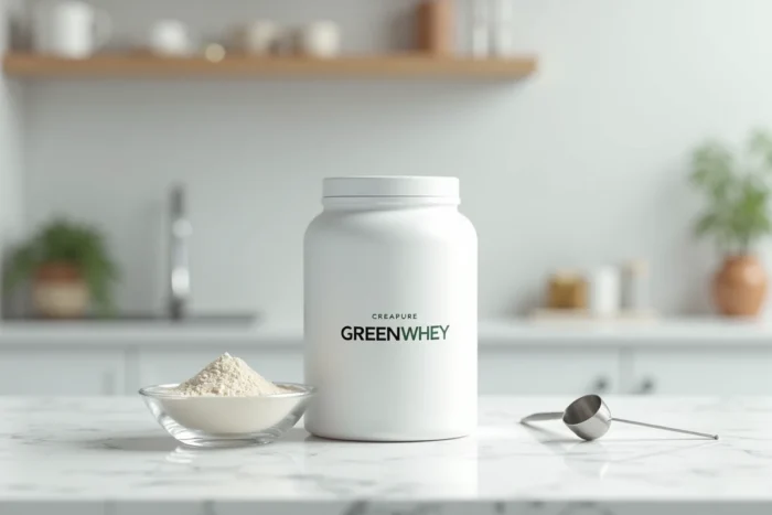 Pot de créatine Creapure de GreenWhey sur un comptoir en marbre blanc avec une cuillère doseuse et de la poudre de créatine