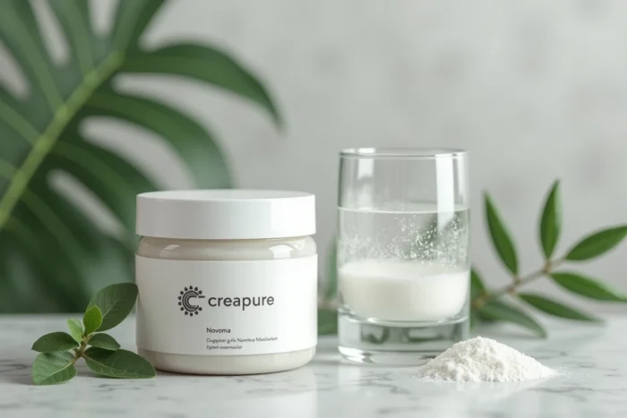 Pot de créatine Creapure Novoma sur une surface en granit avec un verre d'eau et de la poudre dissoute, décoration végétale