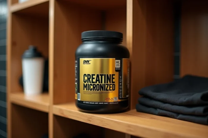 Pot de créatine micronisée Optimum Nutrition sur une étagère de vestiaire de gym avec un shaker et des affaires de sport
