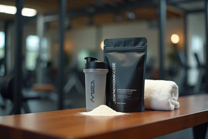 Emballage de créatine monohydrate micronisée Dynveo sur un banc de gym avec un shaker et une serviette blanche