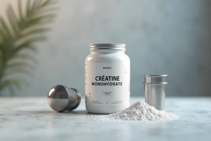 Contenant de créatine monohydrate Nutri&Co sur une surface en béton gris avec un shaker en inox et de la poudre blanche