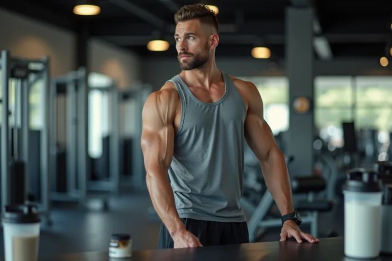 Athlète masculin dans une salle de sport avec des suppléments de créatine et un shaker, scène générale sur les créatines pour la performance sportive