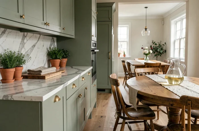 Cuisine contemporaine ouverte avec placards vert sauge, plan de travail en marbre Calacatta et salle à manger avec table en chêne, idées décoration intérieure 2024
