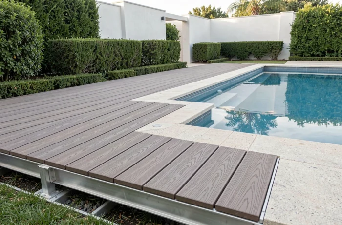 Deck en bois composite posé sur lambourdes aluminium en bord de piscine, avec planches grises régulièrement espacées