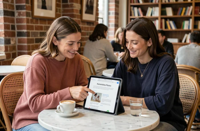 Deux mamans comparant des blogs de puériculture Yamonbebe et Bella Maman sur une tablette dans un café