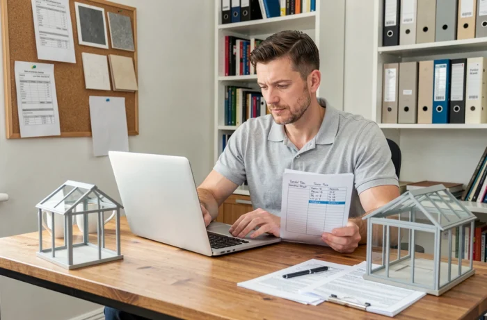 Conseiller en construction consultant un devis de véranda sur ordinateur portable avec modèle architectural sur le bureau