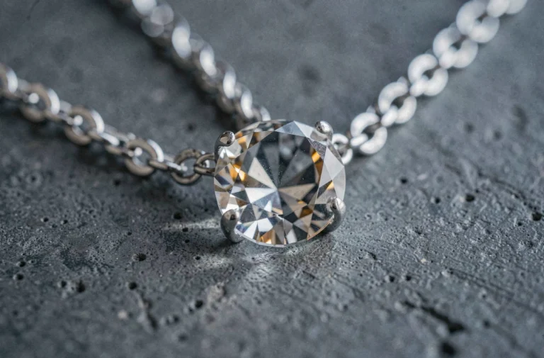 Gros plan macro sur un pendentif Swarovski en cristal posé sur béton, révélant les détails de durabilité et la qualité du placage
