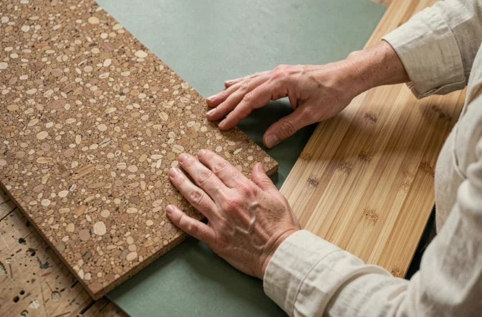 Échantillons de revêtements de sol naturels — liège, linoléum et bambou — comparés sur une table en bois par une décoratrice d'intérieur