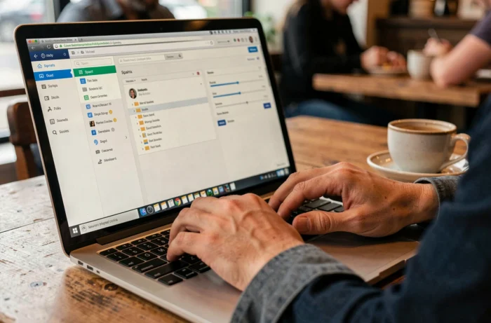 Gros plan sur un écran d'ordinateur affichant les réglages d'un client email pour gérer les filtres antispam SFR