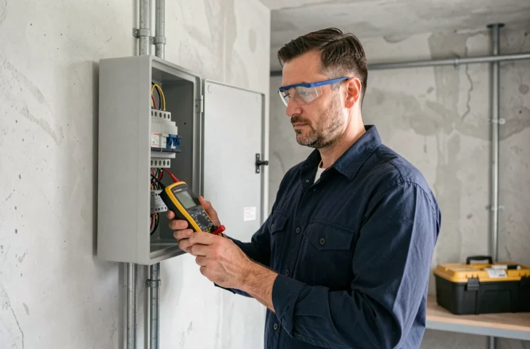 Électricien professionnel inspectant un tableau électrique dans une maison moderne
