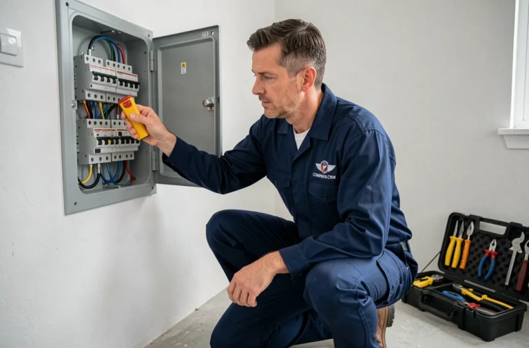 Électricien professionnel inspectant un tableau électrique dans une maison résidentielle moderne