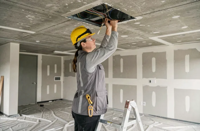 Électricienne certifiée travaillant sur un boîtier de jonction au plafond dans un bureau en rénovation