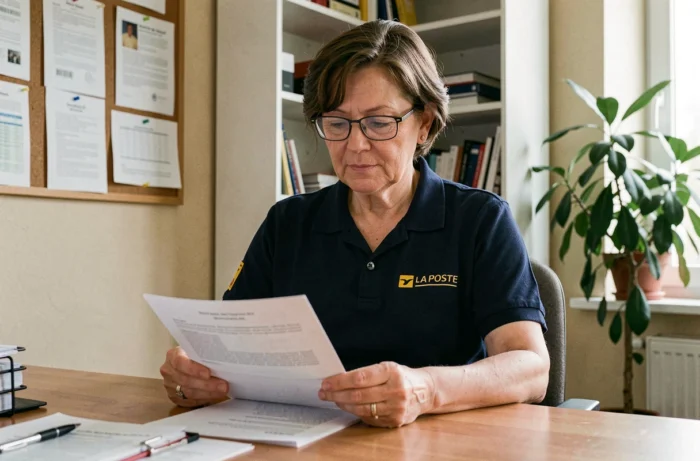 Employée de La Poste en uniforme consultant des documents de retraite dans un bureau administratif