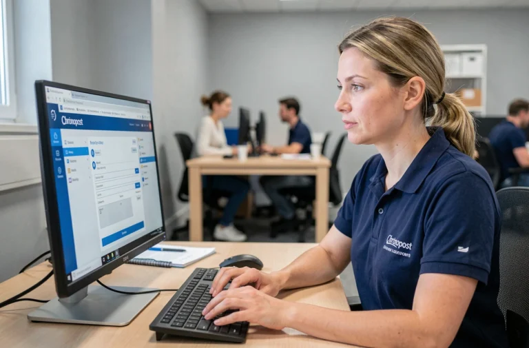 Employée Chronopost accédant au portail CSE en ligne depuis son bureau en open space