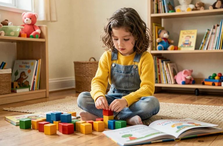 Jeune fille concentrée jouant avec des blocs de construction colorés sur un parquet en bois dans un salon chaleureux
