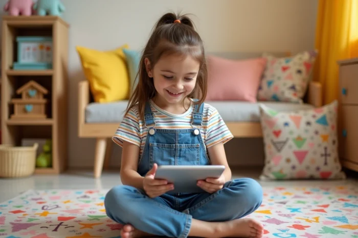 Jeune fille explorant les rubriques d'un annuaire spécialisé pour enfants sur une tablette numérique dans une salle de jeux