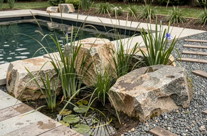 Enrochement paysager avec plantes filtrantes aquatiques comme iris et roseaux en périphérie d'une piscine naturelle