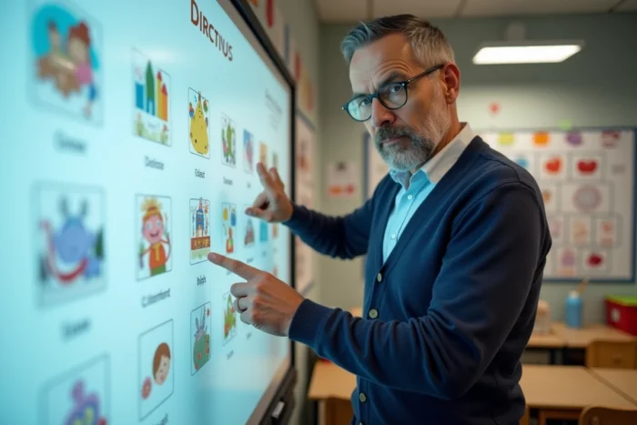 Enseignant présentant les rubriques d'un annuaire spécialisé pour enfants sur un tableau interactif en classe