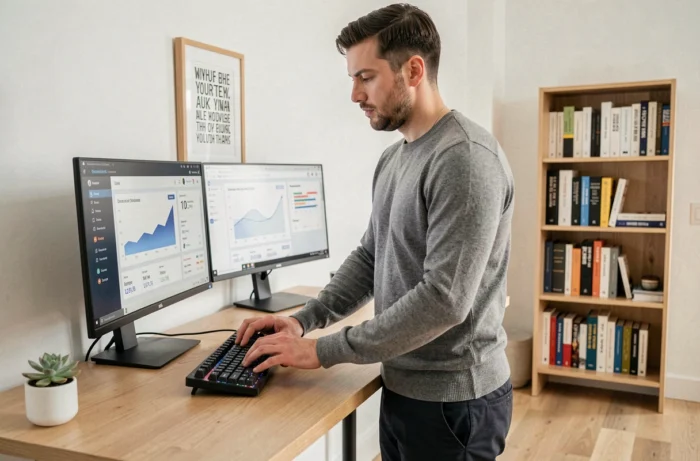 Entrepreneur concentré travaillant sur un tableau de bord de croissance dans un bureau minimaliste à domicile