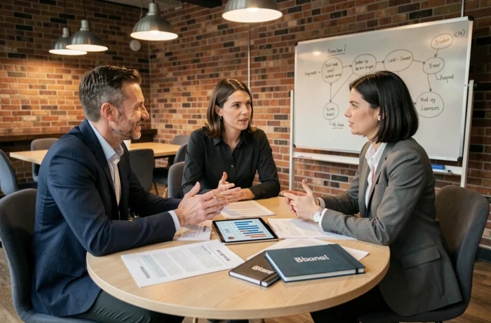 Deux entrepreneurs en réunion de conseil personnalisé avec un consultant dans un espace de co-working