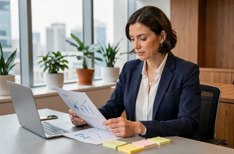 Entrepreneuse analysant une stratégie de croissance sur-mesure dans un bureau moderne avec vue urbaine
