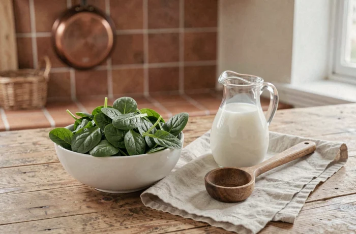 Épinards frais dans un bol en céramique avec un pichet de lait et une louche en bois sur un comptoir de cuisine rustique