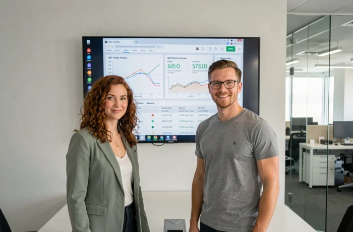 Deux collègues en agence web examinant ensemble un tableau de bord d'analyse de visibilité de site sur grand écran